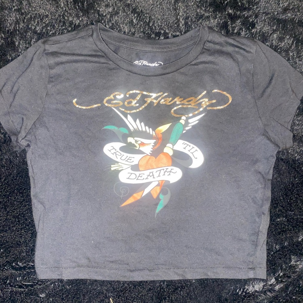 Ed Hardy Black Crop Top with Eagle and Heart Design